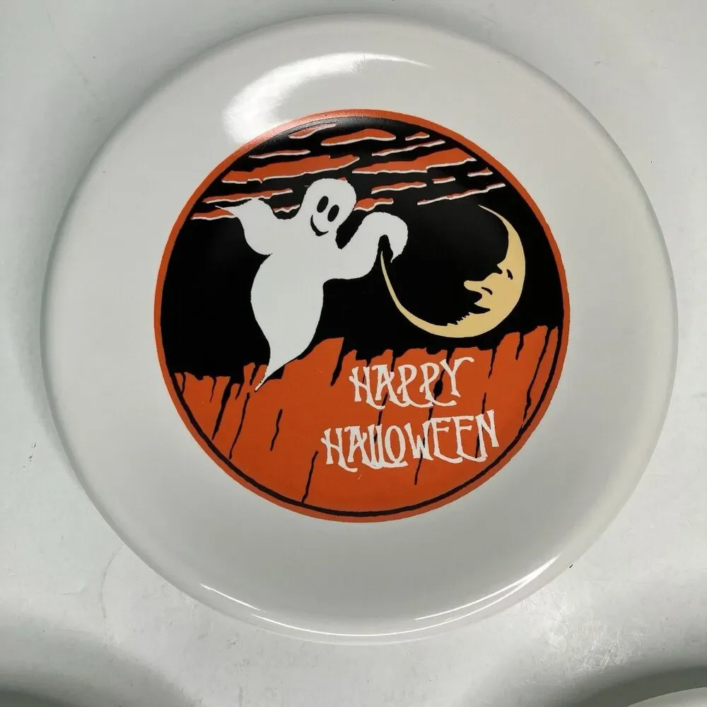 Pottery Barn Halloween Plates Retro Black Cat Witch Ghost 8” Set Of 3